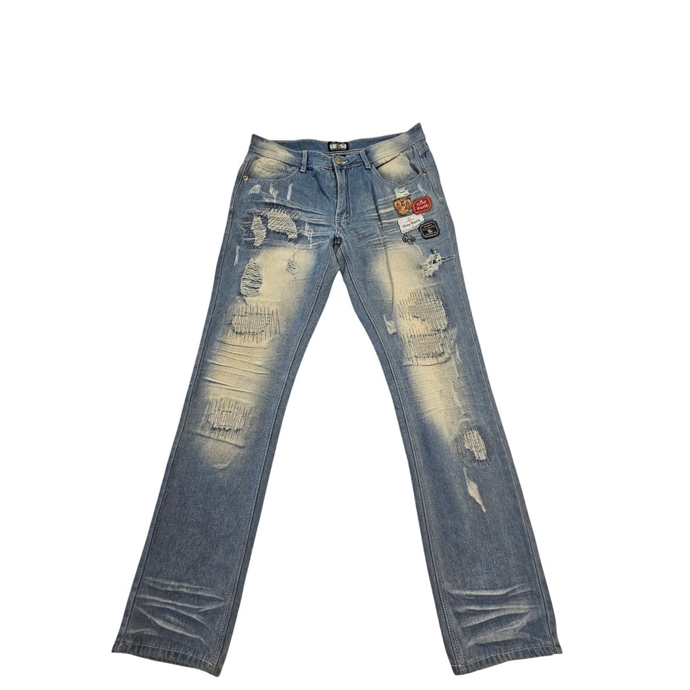 Gray Earth‎ Mens Distressed Multi Patch Light Wash Straight Leg Jeans Size 34